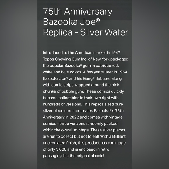 75th Anniversary Bazooka Joe® - Silver Wafer PAMP Mint 99,99% Pure Silver.(Rare) - Picture 16 of 16